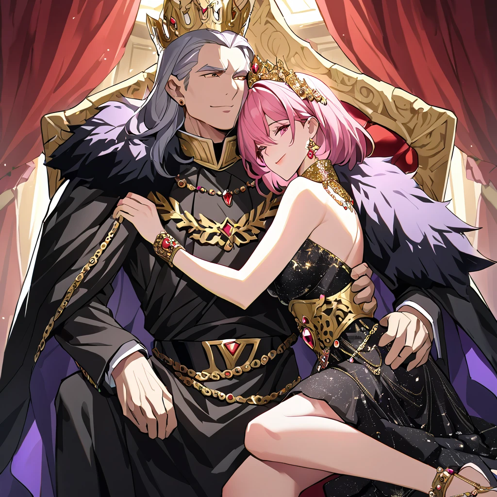 ((highest quality)), ((masterpiece)), (detailed), (Perfect Face)、(The woman is Lena, with short pink hair and a happy smile, and in the luxurious imperial audience chamber, the dignified evil emperor is reigning supreme, sitting on a luxuriously decorated throne, and the woman is standing next to him as his empress, embracing and kissing him.、The woman is wearing a voluminous black dress decorated with gorgeous jewels, a gorgeous jeweled dress skirt, a gorgeous cape with fur, an engagement ring, a gold jeweled tiara, a gorgeous head dress chain, a gorgeous jeweled necklace, gorgeous earrings, gorgeous bracelets, gorgeous ankle bracelets, a gorgeous jeweled waist chain, and an engagement ring. The woman is holding her baby daughter.)、The man is wearing a gorgeous imperial black costume, a gorgeous fur cloak and a magnificent crown; he is an elderly, strong, evil, great emperor, sitting on the throne and reigning as he holds the woman close to him, kissing her and fondling her.