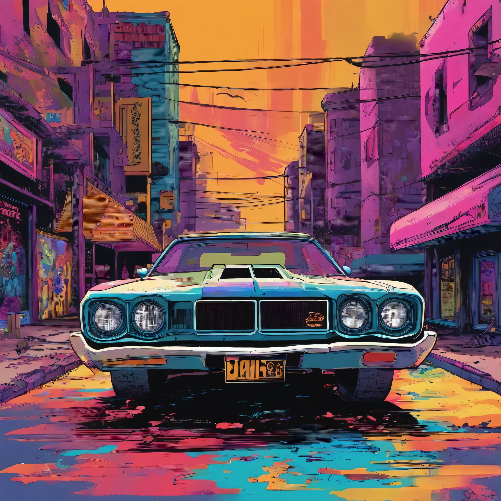 colorful muscle car, greyed out dystopian city, blowing colors out of its tailpipe, give color back to the city, illustration, ultra-detailed, realistic, vibrant colors, studio lighting, urban landscape, high-res, HDR, dynamic lighting, smoke, smog, abandoned buildings, graffiti, cyberpunk aesthetics, neon lights, futuristic technology, rain-soaked streets, shadows, reflection, speed, motion blur, intensity, urban decay, steel, concrete, asphalt, darkness, contrast, heat haze, shining surfaces