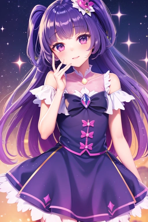 A sparkly purple GIRL bear that resembles a gelatin. She has a winking face and a large opened mouth. Her gummy bow is violet. SPARKLE; GLITTER