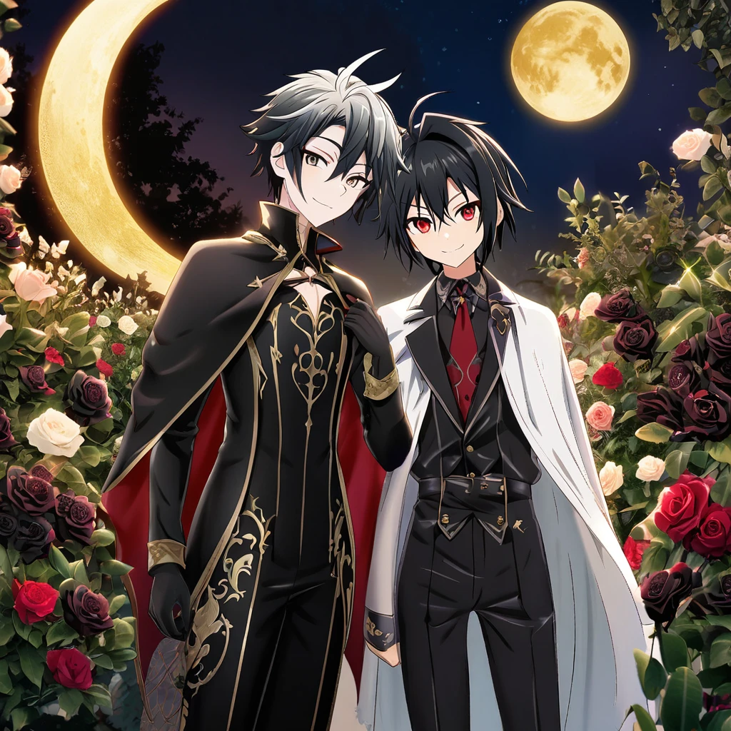 2boy, (Hyakuya Mikaela) (Hyakuya Yuuichiro), \(Swort Art Online\), (black hair) (black hair), (ruby red eyes) (gold eyes):1.2, (black costume) (black vampire costume), cape, bangs, (smiling gently) (smiling mischievously), ((ultra-detailed)), ((illustration)), ((neat hair)), (beautiful detailed eyes), (male) (male), standing side by side, ((black roses garden, night, gold moon)), looking at viewer