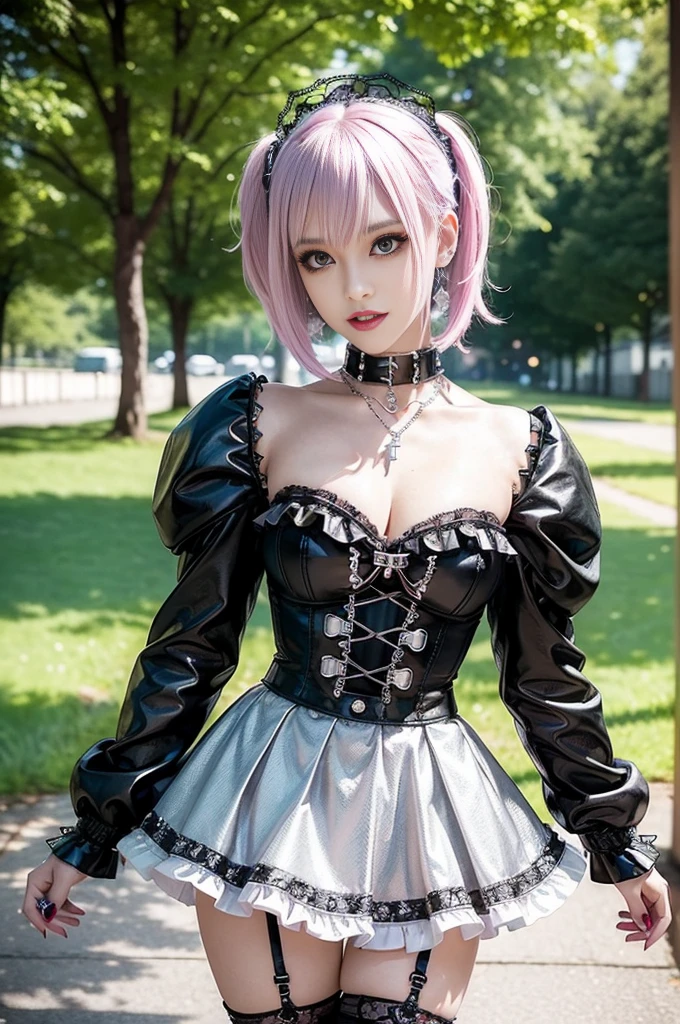 sexy stylish Swedish model, only 1 female, ((doll-like appearance)), short neon pink stylish hair, ((shiny Punk-Style boots)), (big smile), ultra detailed eyes, Punk makeup, lipgloss, ((sexy Punk ta cosplay)), unconventional skirt, petticoats, high neckline, ((ultra detailed lace)), ((ultra detailed embroidery)), intricate details, tartan patterns, (silver chains), (silver spikes), (safety pins), Punk Loliccessoires, Punk Lolita cr, ((large sparkling Punk Lolita jewel, cinematic light, detailed large park background with trees