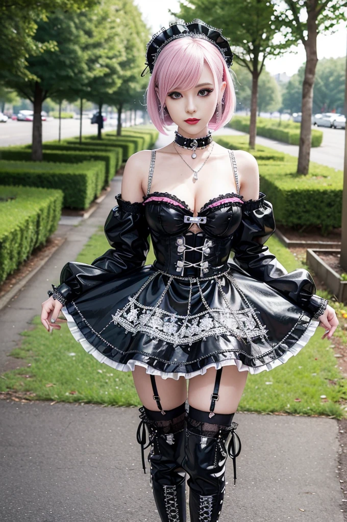 sexy stylish Swedish model, only 1 female, ((doll-like appearance)), short neon pink stylish hair, ((shiny Punk-Style boots)), (big smile), ultra detailed eyes, Punk makeup, lipgloss, ((sexy Punk ta cosplay)), unconventional skirt, petticoats, high neckline, ((ultra detailed lace)), ((ultra detailed embroidery)), intricate details, tartan patterns, (silver chains), (silver spikes), (safety pins), Punk Loliccessoires, Punk Lolita cr, ((large sparkling Punk Lolita jewel, cinematic light, detailed large park background with trees