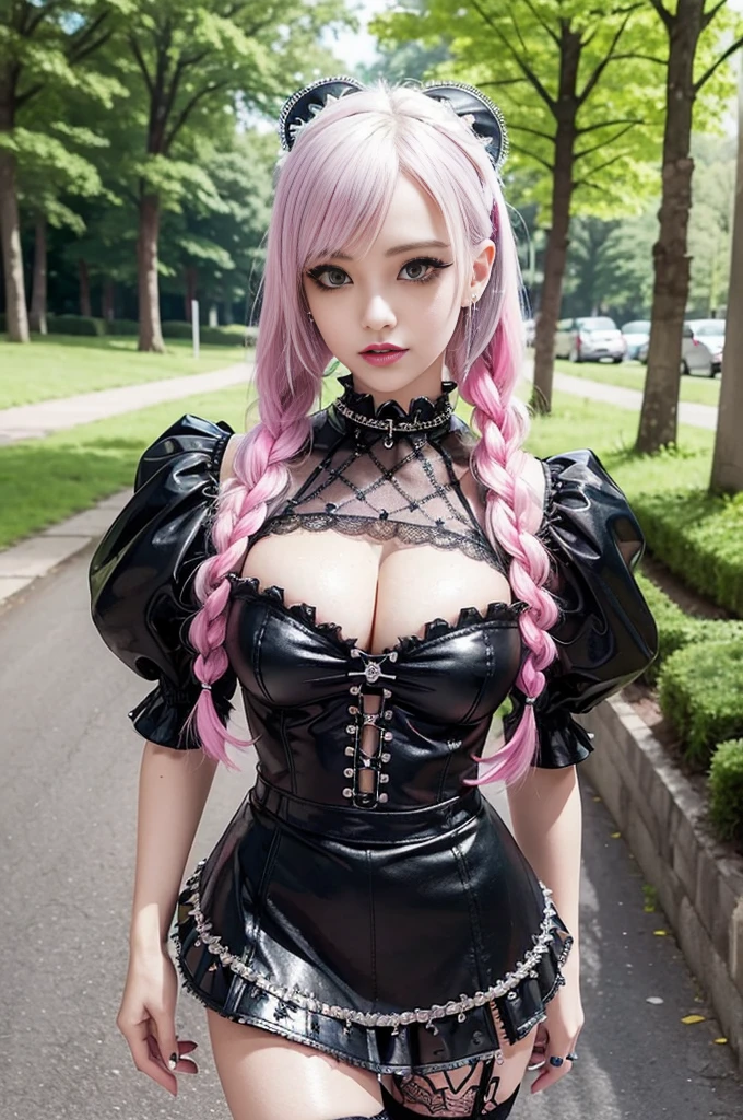 sexy stylish Swedish model, only 1 female, ((doll-like appearance)), short neon pink stylish hair, ((shiny Punk-Style boots)), (big smile), ultra detailed eyes, Punk makeup, lipgloss, ((sexy Punk ta cosplay)), unconventional skirt, petticoats, high neckline, ((ultra detailed lace)), ((ultra detailed embroidery)), intricate details, tartan patterns, (silver chains), (silver spikes), (safety pins), Punk Loliccessoires, Punk Lolita cr, ((large sparkling Punk Lolita jewel, cinematic light, detailed large park background with trees