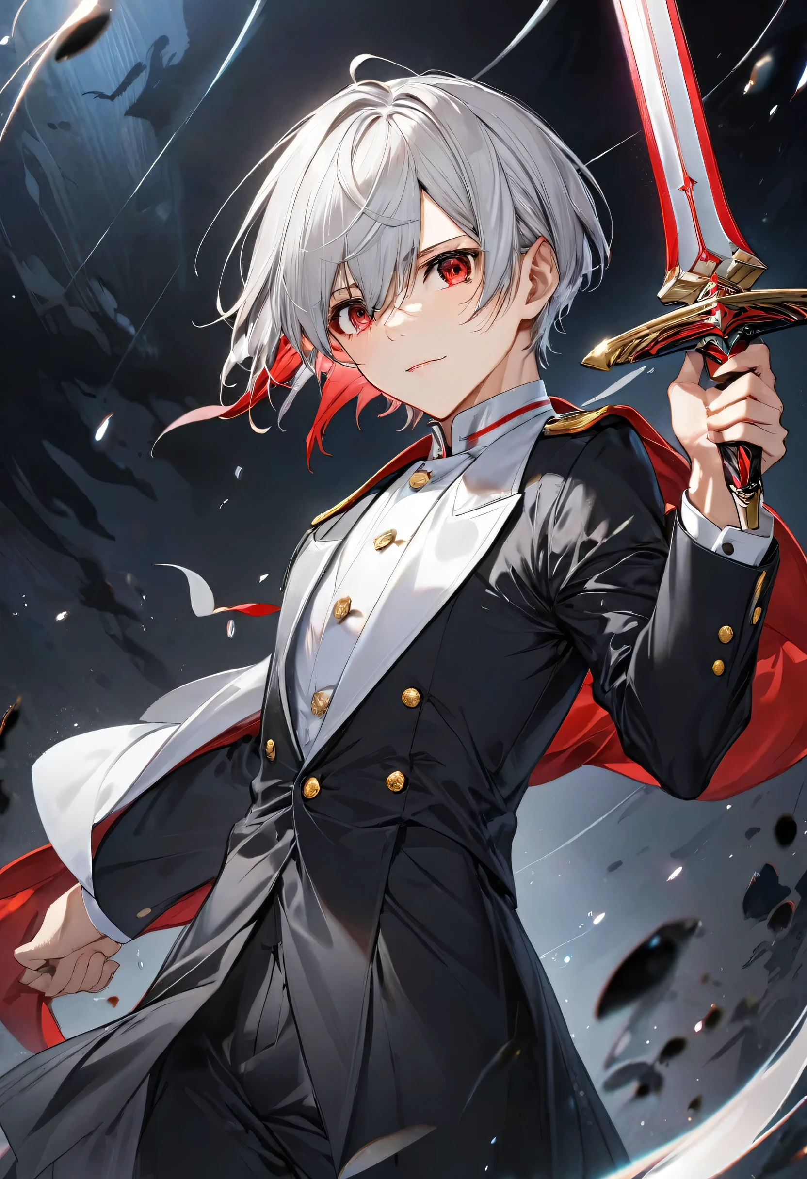 (battle style) (solo very short back hair, silver hair divine sword fighter boy, detailed red eyes, serious face), (with both hands holding a divine Zweihander, ready fight mode), (in a butler uniform), BREAK, (in the darkness deep abyss), BREAK, perfect anatomy, masterpiece, best quality, 8k, 16k, beautiful detailed, daydreaming expression.