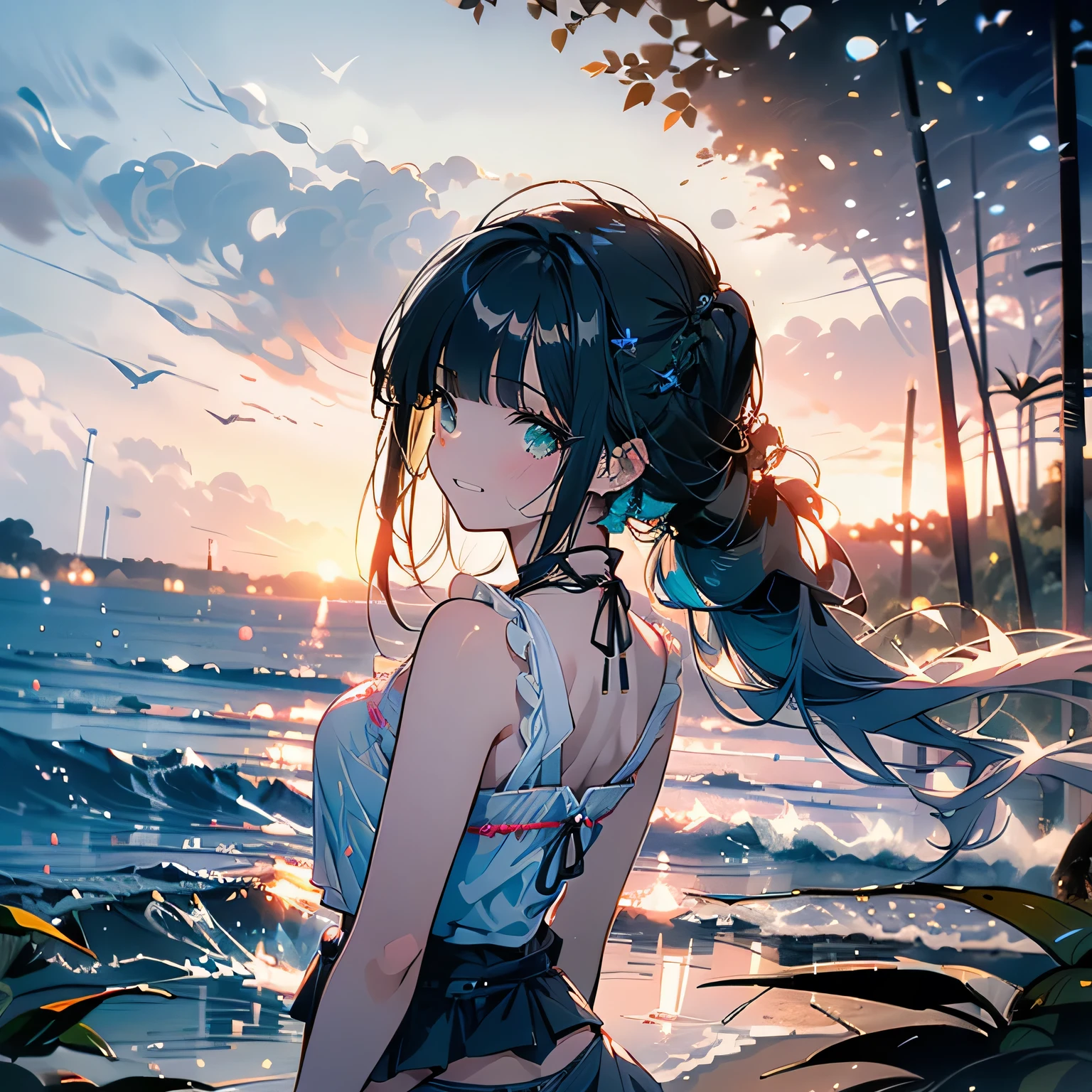 (looking back at the viewer),((panty shot)),((lifting skirt)),((white panties focus)),Looking back,(low angle,from below),((masterpiece, highest resolution,best quality)), (beautiful illustration), ((semi long beautiful black hair,blunt bangs,pony tail,beautiful green eyes)),(solo),(Japanese high ,sailor,mini skirt,elegant swimsuit, bikini,mini skirt),(looking back at the viewer), (bathing in the sea),(innocent cute laugh,teeth), (cinematic lighting),beach, sand, blue sky,waves, coconut tree,fish,boat,sea gull,