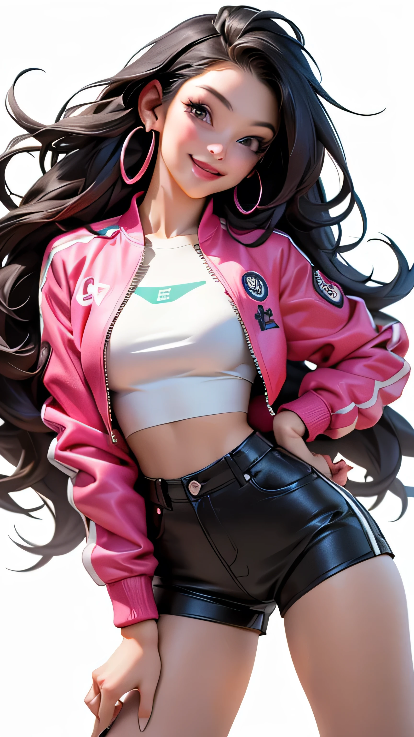 ((Best Quality, best resolution, award-winning portrait, official art)), ((perfect Masterpiece)), ((Realistic)) and ultra-detailed photography of a 1nerdy woman, 25 year old, with goth and post apocalyptic colors. She has ((long whispy long Black-colored hair)), wears a (Pink Bomber Jacket with a white Tshirt and a Black Crop top) and a (Harajuku-inspired shorts:1.2) , ((the most beautiful and sexy aesthetic)), Show the whole body, Leaning back, Head tilt, winking, laughting, white background, Smiling. Knee high socks, Dynamic pose Full Body, Running
