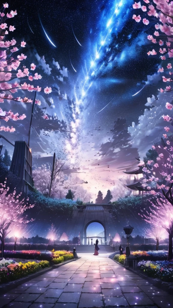 monochrome, masterpiece, conceptual art, panorama, in the center, figure, wide shot, flower garden, night, (meteors), Space galaxy background, (Great composition, Epic proportions), dynamic lighting, bright colors, Cherry blossoms,