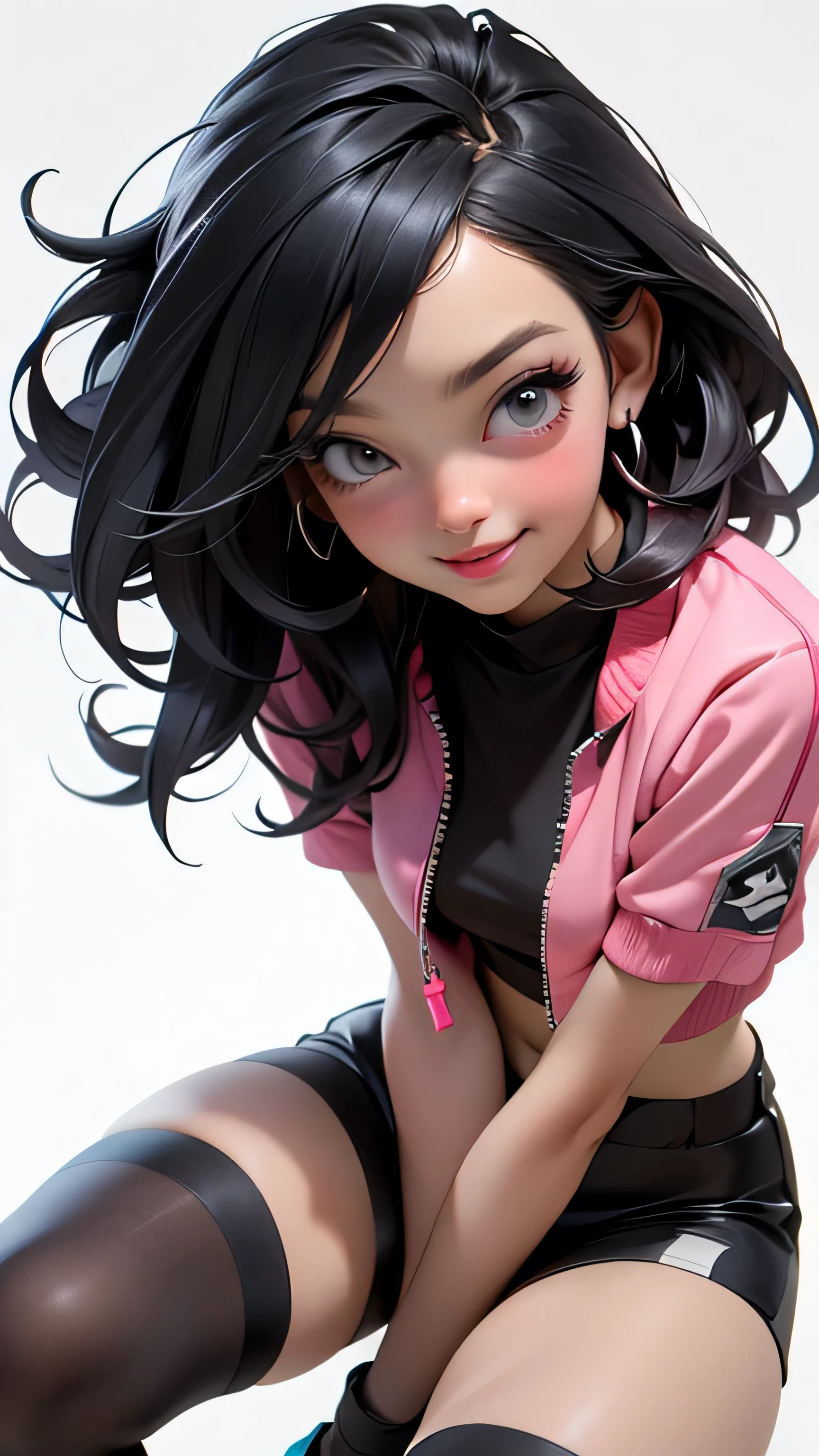 ((Best Quality, best resolution, award-winning portrait, official art)), ((perfect Masterpiece)), ((Realistic)) and ultra-detailed photography of a 1nerdy woman, 25 year old, with goth and post apocalyptic colors. She has ((long whispy long Black-colored hair)), wears a (Pink Bomber Jacket with a white Tshirt and a Black Crop top) and a (Harajuku-inspired shorts:1.2) , ((the most beautiful and sexy aesthetic)), Show the whole body, Leaning back, Head tilt, winking, laughting, white background, Smiling. Knee high socks, Dynamic pose Full Body, Running, sprinting, excercise