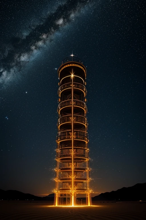 A mesmerizing portrait of an awakened electric battery, emanating a golden aura from its sand-like coils, illuminated against the starry night sky. The battery's unique design contrasts dramatically with the darkness, its gold dust glowing brightly against the celestial backdrop. The battery, standing tall and majestic, is a sight to behold, its intricate workings a testament to the wonder of technology. Despite its mechanical nature, there's a sense of life and energy radiating from it, a subtle reminder of the magic hidden within the mundane.