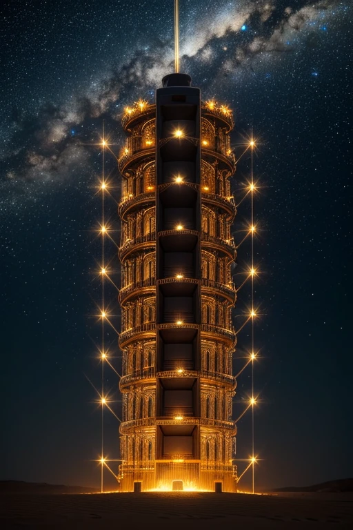A mesmerizing portrait of an awakened electric battery, emanating a golden aura from its sand-like coils, illuminated against the starry night sky. The battery's unique design contrasts dramatically with the darkness, its gold dust glowing brightly against the celestial backdrop. The battery, standing tall and majestic, is a sight to behold, its intricate workings a testament to the wonder of technology. Despite its mechanical nature, there's a sense of life and energy radiating from it, a subtle reminder of the magic hidden within the mundane.