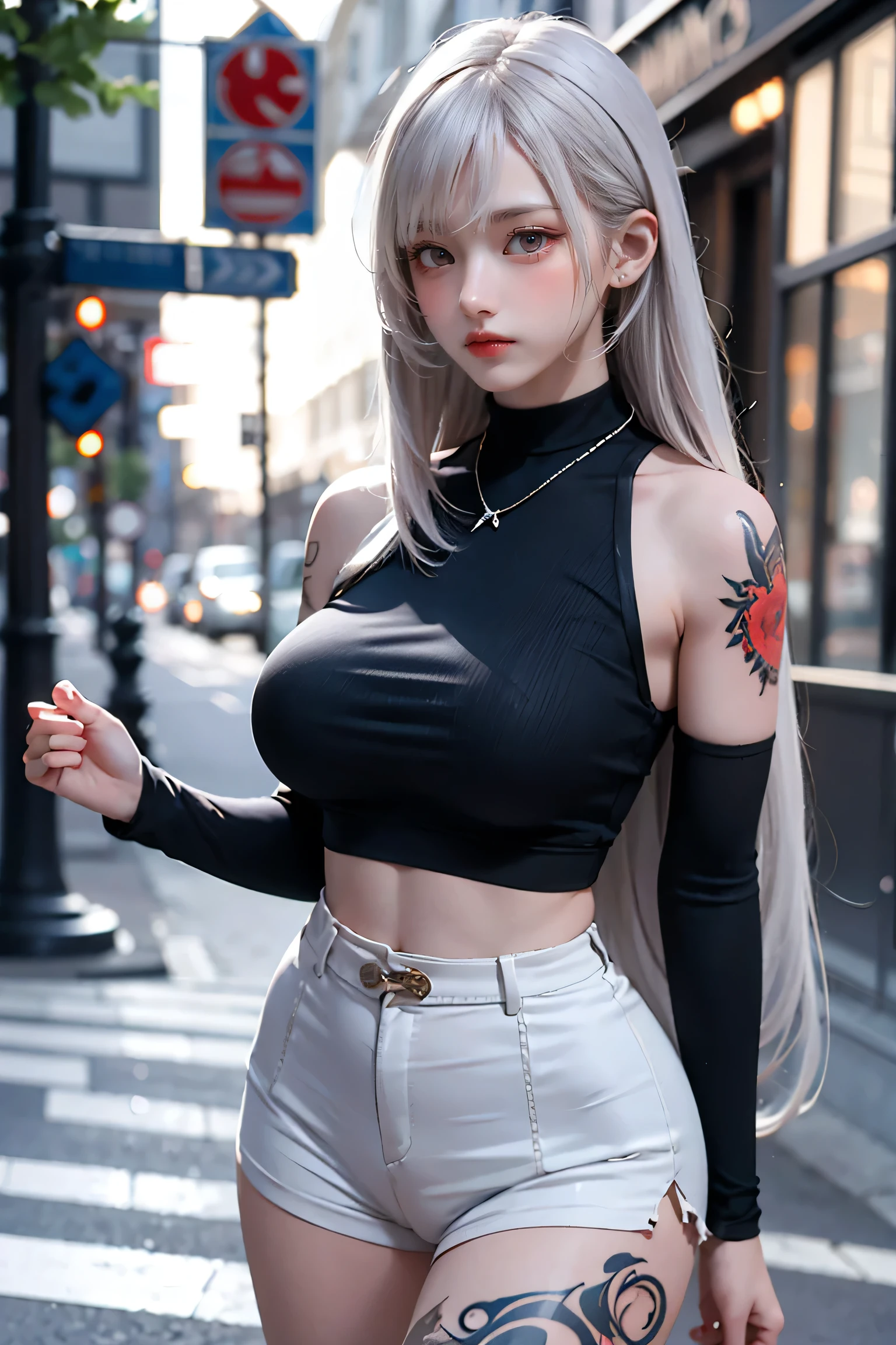 Beautiful college girl in the city，masterpiece，light makeup，Red lips，Silver Hair，Disheveled long hair，Street background，Grace，Grace。A masterpiece of ultra-fine detail，Authentic texture，Realism in film lighting，Perfect piece，8k，khd，Delicate facial features，White skinny turtleneck top，white skinny shorts，Slim figure，Big bright eyes，Smooth Skin，Ear discharge，Choker Necklace,(((He has many tattoos all over his body)), (((Tight waist))), ((Big Breasts)),(See through)，panties