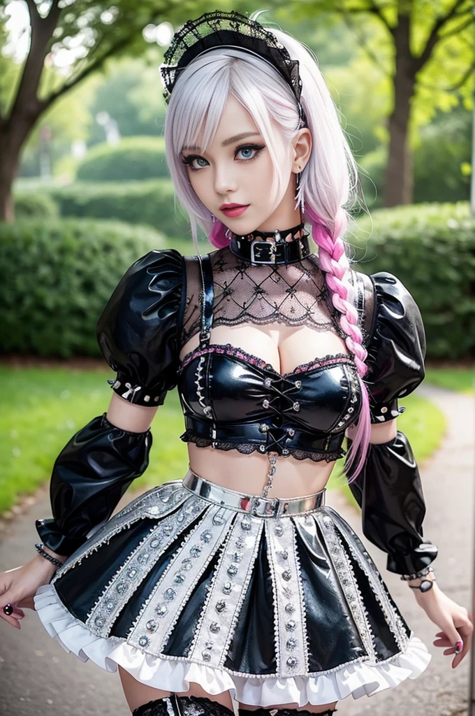 sexy stylish Swedish model, only 1 female, ((doll-like appearance)), very short neon pink stylish hair, ((shiny Punk-Style boots)), (big smile), ultra detailed eyes, Punk makeup, lipgloss, ((sexy Punk Lolita cosplay)), unconventional skirt, petticoats, high neckline, ((ultra detailed lace)), ((ultra detailed embroidery)), intricate details, tartan patterns, (silver chains), (silver spikes), (safety pins), Punk Lolita accessoires, Punk Lolita choker, ((large sparkling Punk Lolita jewelry)), cinematic light, detailed large park background with trees 