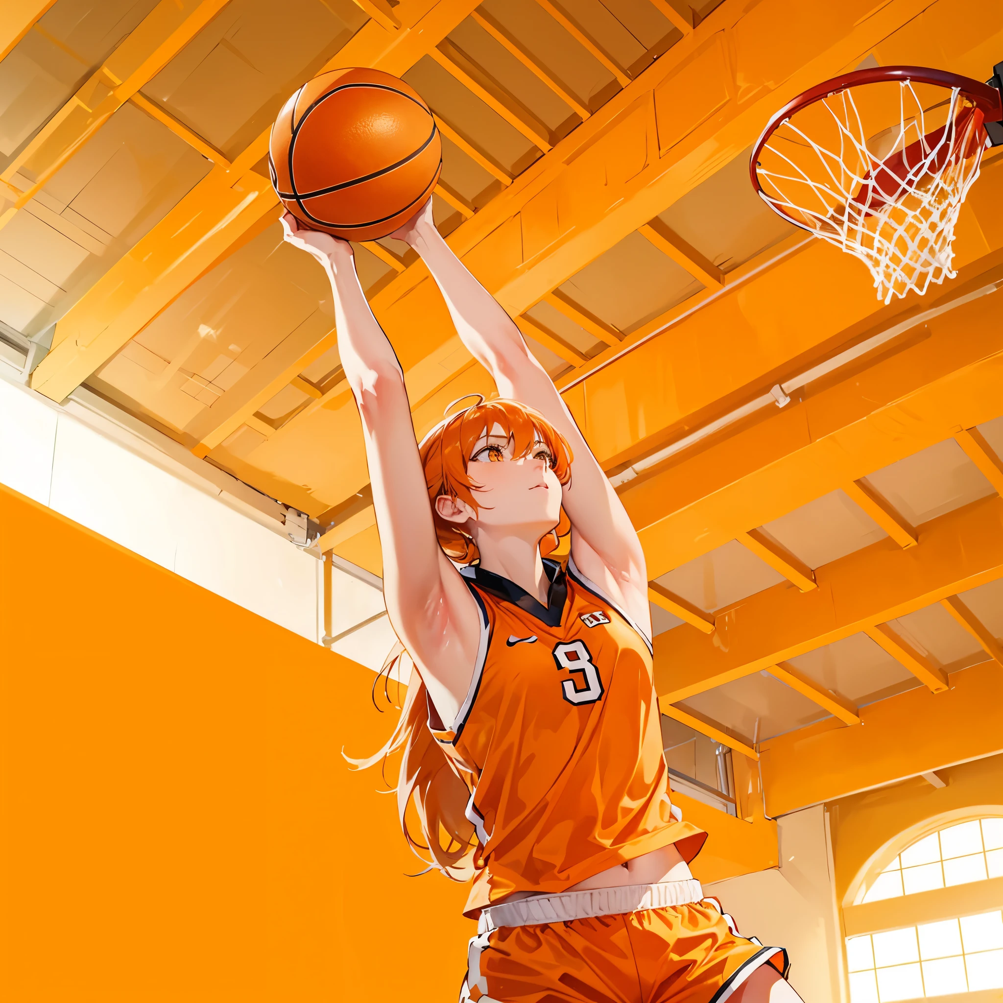 Top quality, masterpiece, 8K, orange basketball court, basketball tournament, woman shooting with one big orange, flying high, woman in orange uniform, shooting goal posts, short orange hair, orange eyes