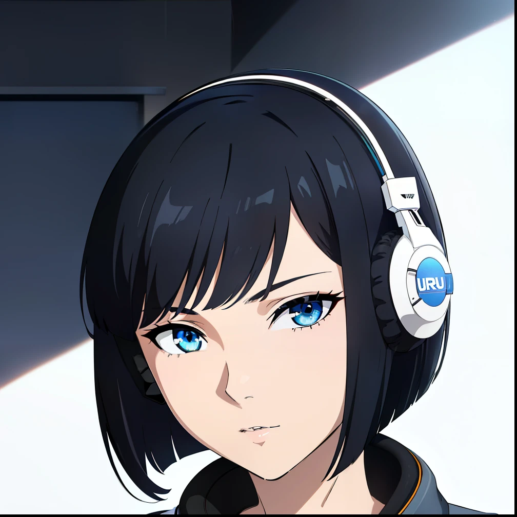 (best quality:1.5, highres, UHD, 4K, detailed lighting, shaders), black hair, short hair, sleek bob hair, cool woman, cool girl, sharp eyes, blue eyes, beautiful, (pov, half body), simple background, casual clothes, with headphones