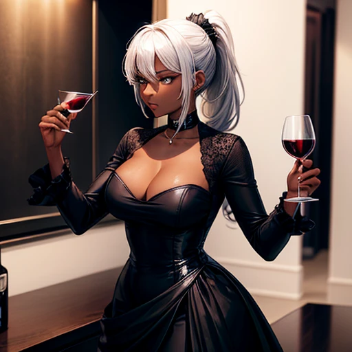 A dark-skinned woman with silver hair in a ponytail,Wearing a black cocktail dress, holding a wine glass