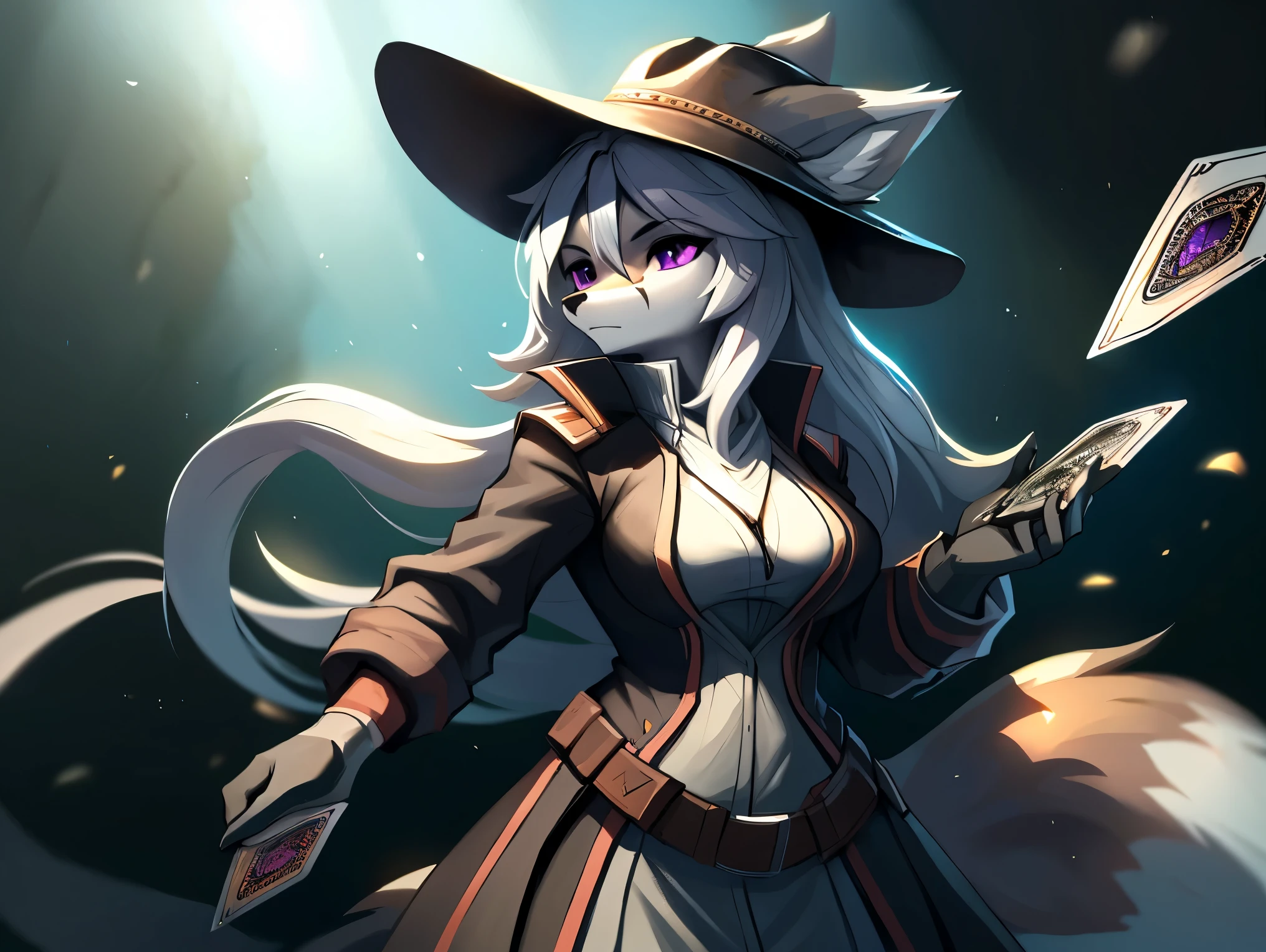 ((fox)), female, solo, long hair, ((grey fur)), purple eyes, breasts, green gambler clothes, rancher hat, holding playing cards, Very good figure, best quality, highres, 16k, Natural soft light, Tyndall effect, Advanced film lighting, Unreal Engine5, Extremely realistic, A high resolution, perfect masterpiece, high quality, high resolution