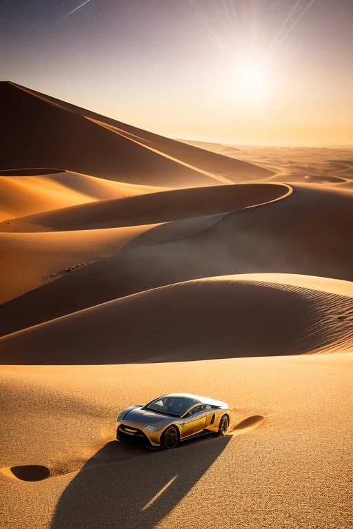 A high-resolution, cinematic image captures an electric battery in a moonlit desert, where the golden dust of the sand contrasts dramatically with the starry night sky above. The battery, with its sleek, metallic design, stands as a stark contrast to the ethereal glow of the gold-dusted sand. The scene, reminiscent of a futuristic scene, exemplifies a unique blend of technology and nature, with the battery and the gold-dusted sand creating a captivating interplay of light and shadows. The overall image, a masterpiece in its intricate detail, is a testament to the fusion of surreal aesthetics and high-quality resolution.