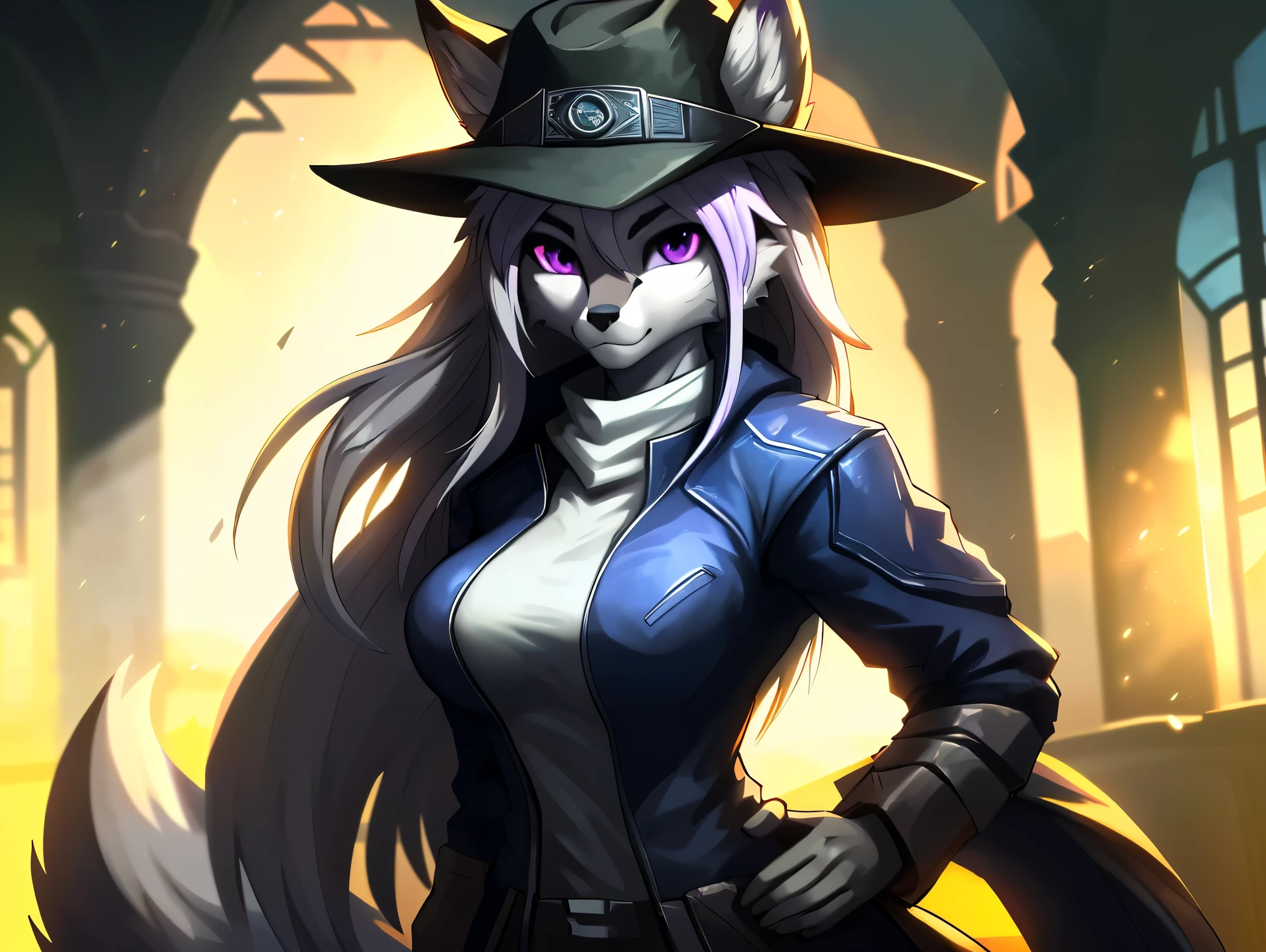 ((fox)), female, solo, long hair, ((grey fur)), purple eyes, breasts, green gambler clothes, rancher hat, Very good figure, best quality, highres, 16k, Natural soft light, Tyndall effect, Advanced film lighting, Unreal Engine5, Extremely realistic, A high resolution, perfect masterpiece, high quality, high resolution