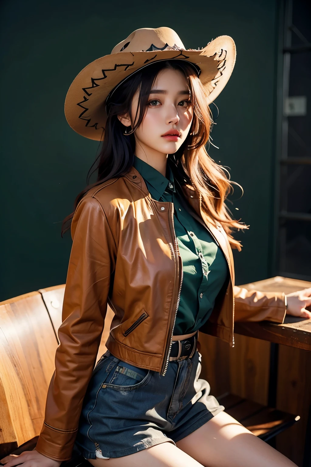 4K HLTRA HD, Masterpiece, best quality, female, nice face, detailed eyes, detailed lips, long hair, straight hair, wearing a cowboy costume, green leather jacket, green clothes, cowboy hat, blurred background, morning, seat, full body capture,
