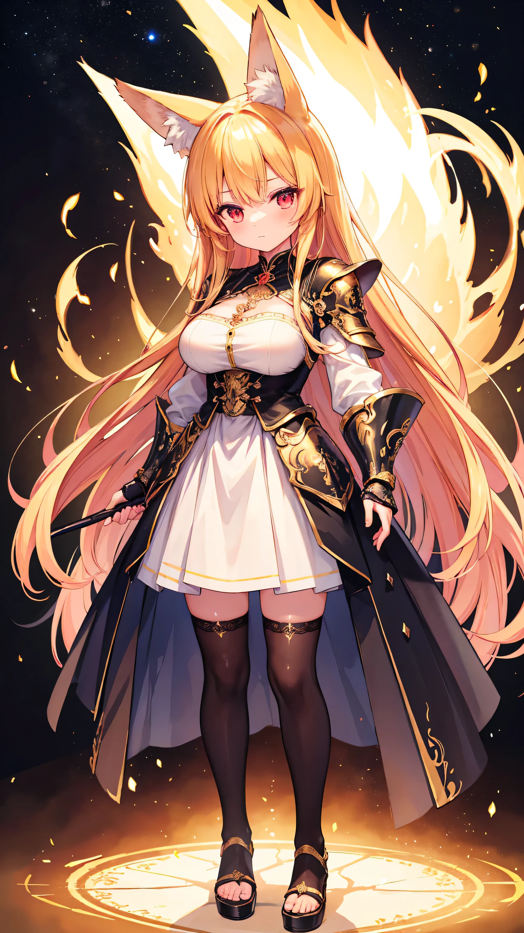 (masterpiece)、(highest quality)、((Very detailed))、(Very delicate)、cute、blonde、Big Breasts、Nice、Fantastic forest and starry sky、Golden foxtail、Golden fox ears、Red eyes、one person、Long Hair、(Full body portrait),(Are standing:1.3)、Absolute area、cute armor suit、(Full body black metal armor)、cute smile、He has a big sword in his right hand、Very delicateな光, finely detailed eyes and Detailed face, Detailed light, (Best Shadow), Beautiful details, (Detailed body), Detailed face, (colorful), Beautiful detailsまでこだわった髪, Detailed Background:1.3, Fantasy, (Particles of light)、cute smile