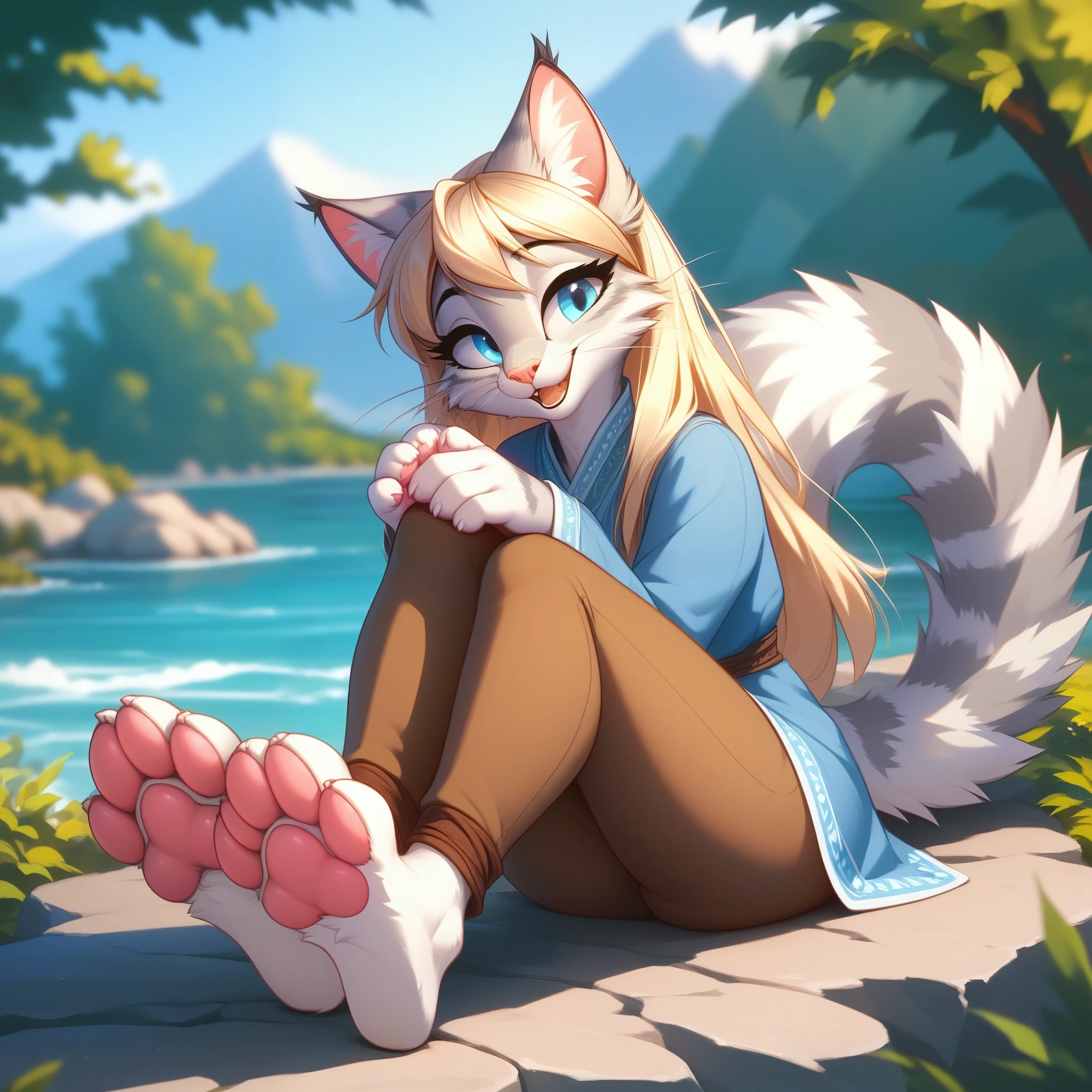 Solo, score_9,score_8_up,score_7_up, source_furry, Kat, Anthro furry feline girl, tall body, hourglass figure, adult female, blue eyes, silver fur, blonde hair with pony tail, (striped tail), white whiskers, pink nose, wearing simple blue long sleeve tunic, light brown fitted pants, barefoot, feet paws, 4 toes, pink paw pads, foot focus, she is smiling, mouth open, looking at her feet, looking relieved, eyes half closed, sitting on a rock, outdoors, sunny day, rubbing her feet together, cute dainty feet