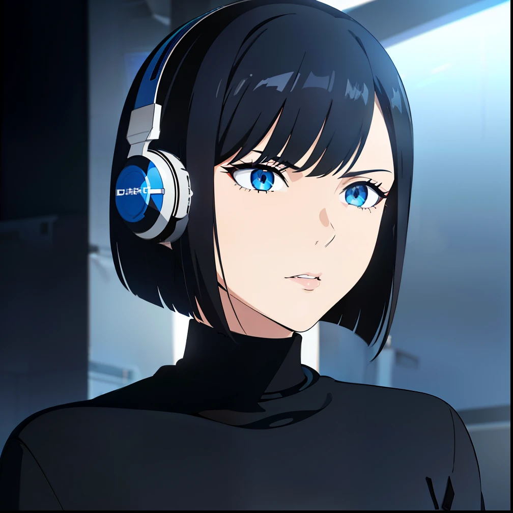 (best quality:1.5, highres, UHD, 4K, detailed lighting, shaders), black hair, short hair, sleek bob hair, cool woman, cool girl, sharp eyes, blue eyes, beautiful, (pov, medium shot), simple background, casual clothes, with headphones