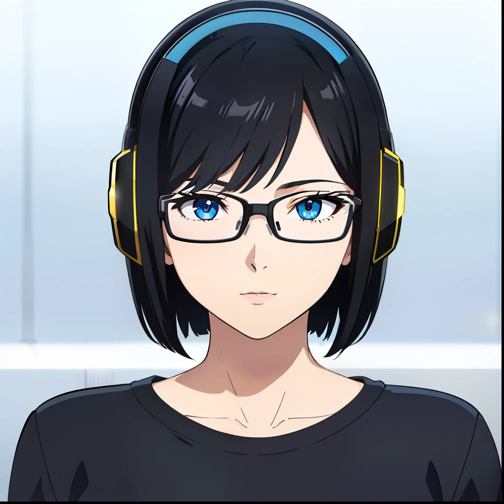 (best quality:1.5, highres, UHD, 4K, detailed lighting, shaders), black hair, short hair, sleek bob hair, cool woman, cool girl, sharp eyes, blue eyes, beautiful, simple background, casual clothes, with headphones, with glasses