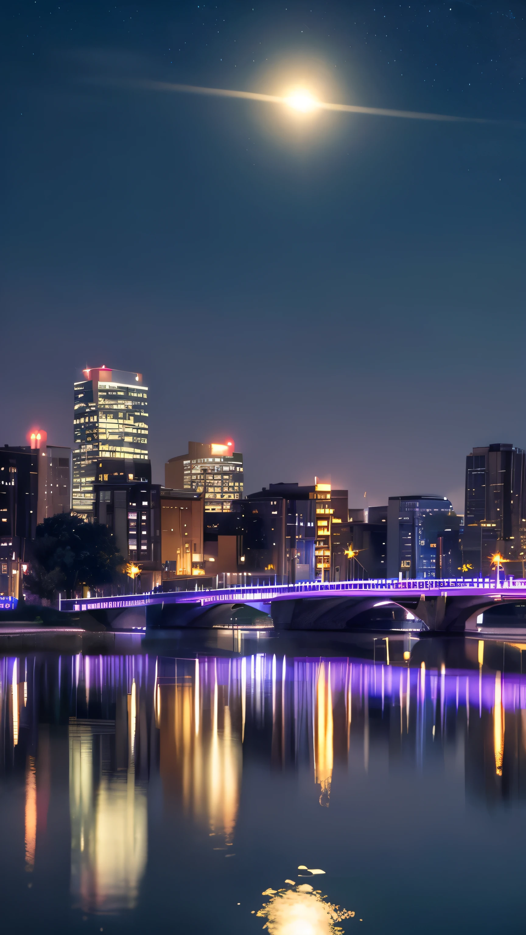 Tranquil night cityscape, soft lights reflecting on calm water, gentle glow from street lamps, peaceful river flowing, serene skyline, clear starry night, subtle hues of blue and purple, quiet and relaxing ambiance, perfect for sleep, promoting relaxation and calmness, ideal background for sleep music, enhancing restful sleep and soothing the nervous system.