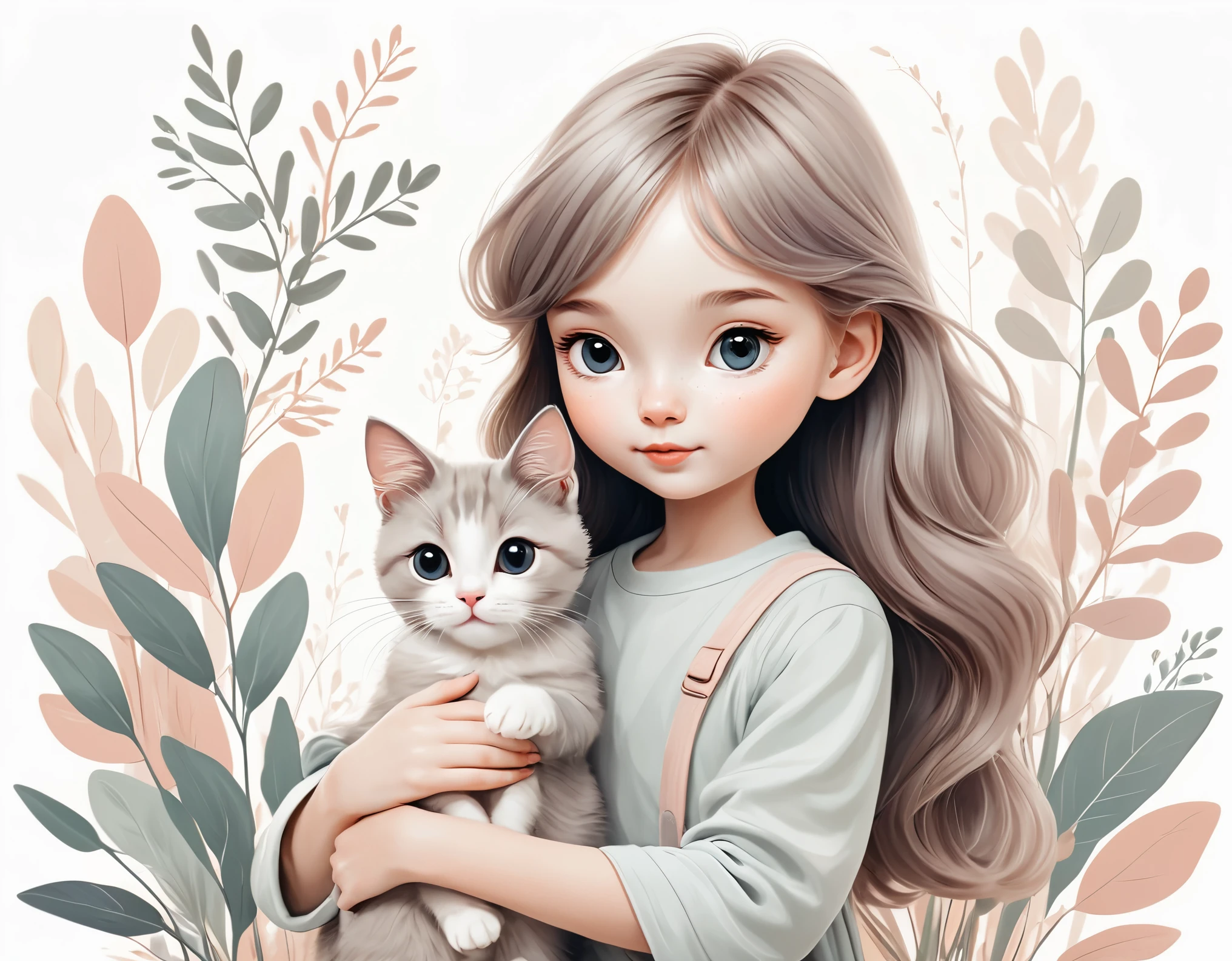 girl with cat clipart, cute, organic forms, flat illustration, desaturated light and airy pastel color palette, nursery art, 