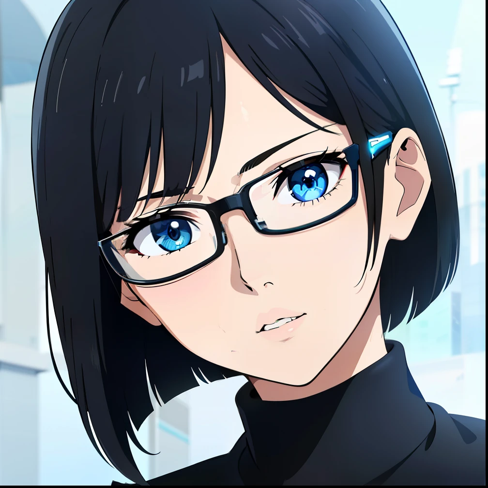 (best quality:1.5, highres, UHD, 4K, detailed lighting, shaders), black hair, short hair, sleek bob hair, cool woman, cool girl, sharp eyes, blue eyes, beautiful, simple background, casual clothes, with headphones, with glasses