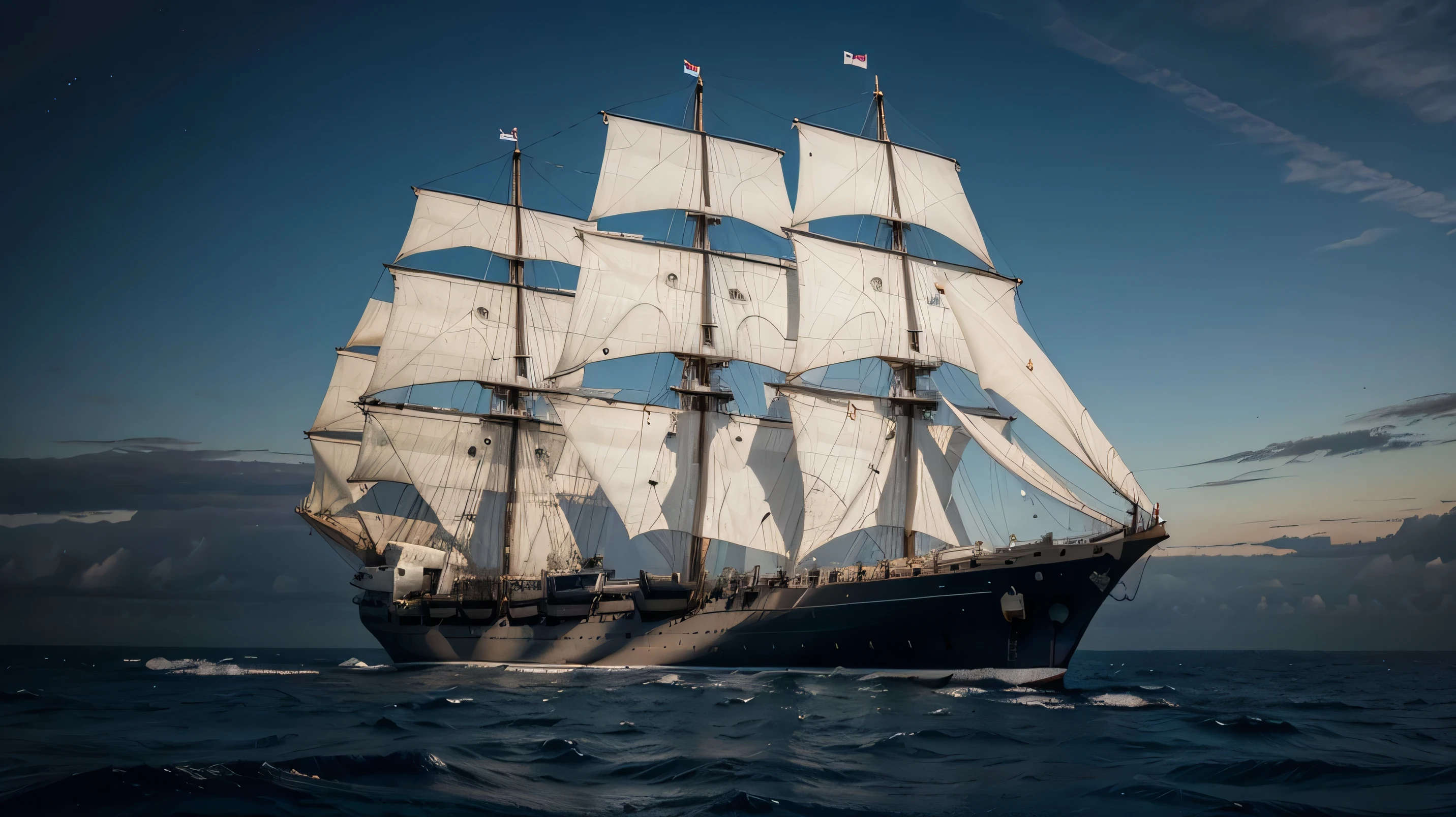 A hyper realistic big old white sailing \ship in a dark blue ocean