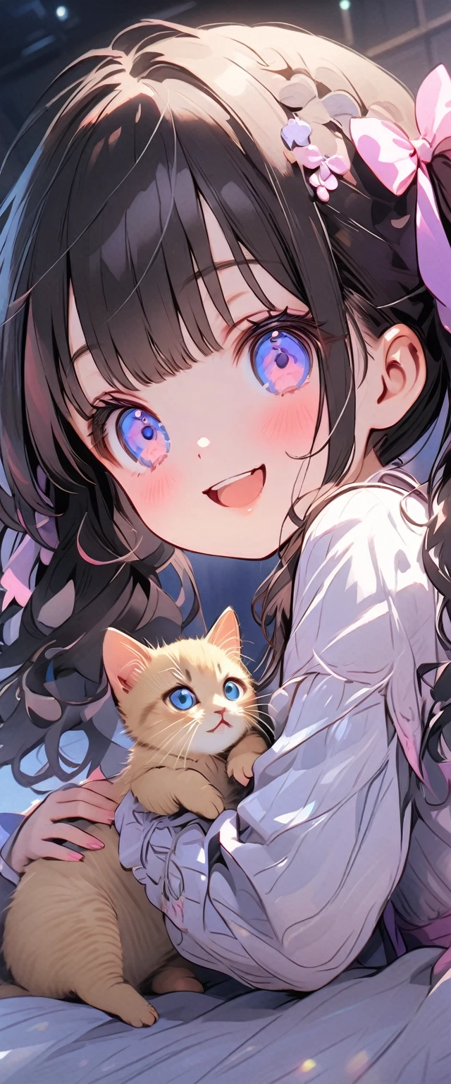 female\(small kid,cute,kawaii,age of 10,2pigtails hair,curly hair,hair color cosmic,big eyes,eye color cosmic,cute dress,[cat ear:2.0],smile,dynamic pose\), BREAK ,background\(inside,messy room,cute room,many kitten\), BREAK ,quality\(8k,wallpaper of extremely detailed CG unit, ​masterpiece,hight resolution,top-quality,top-quality real texture skin,hyper realisitic,increase the resolution,RAW photos,best qualtiy,highly detailed,the wallpaper,cinematic lighting,ray trace,golden ratio\),(close up kitten:1.6),from below