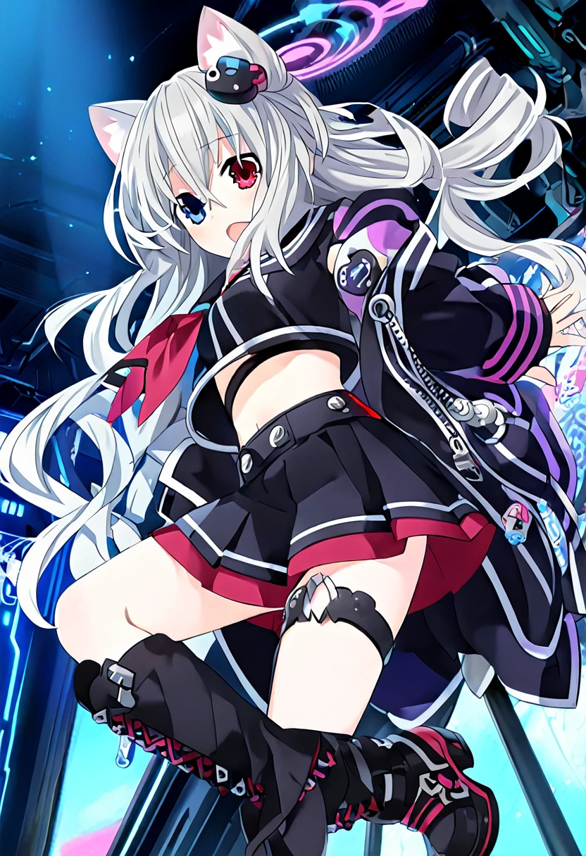 ((1girl)), ((grey hair)), cute, wavy long hair, cat-eared headset with neon light purple color, heterochromia eyes (blue eyes, red eyes), ((black and dark blue outfit)), white ornaments, red skirt, grey wavy hair, hair ornaments, dark blue opened jacket, navel showing black sailor uniform, grey sailor collar, black shirt, short sleeves)), midriff, black miniskirt