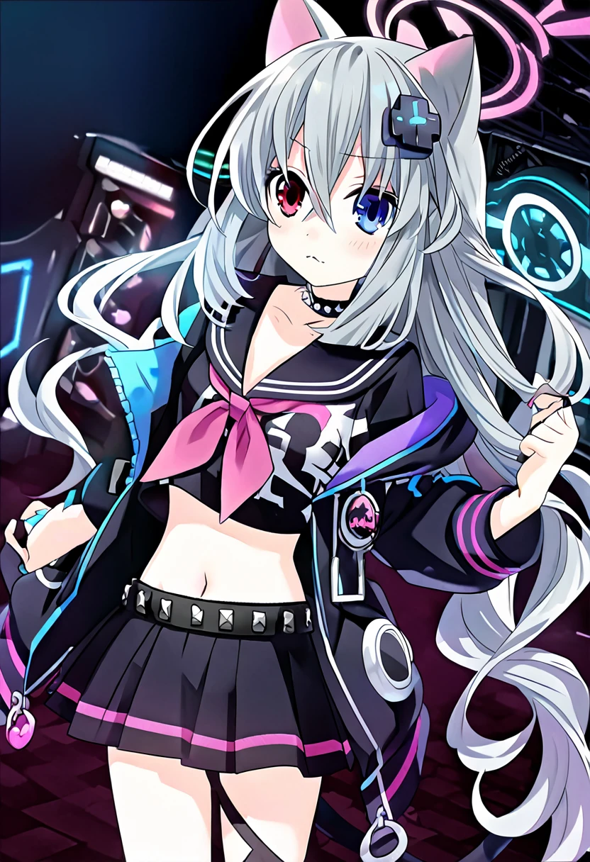 ((1girl)), ((grey hair)), cute, wavy long hair, cat-eared headset with neon light purple color, heterochromia eyes (blue eyes, red eyes), ((black and dark blue outfit)), white ornaments, red skirt, grey wavy hair, hair ornaments, dark blue opened jacket, navel showing black sailor uniform, grey sailor collar, black shirt, short sleeves)), midriff, black miniskirt