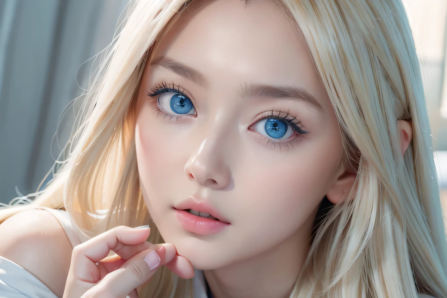 A very white and beautiful 20-year-old blonde girl、masterpiece, highest quality, shape, Ultra-fine detail, Natural platinum blonde with a natural shine、Super long straight silky hair、Super long hair like Rapunzel、Hair tangled all over the body、bangs over eyes、bangs on the face、Messy bangs、High resolution, 8K TV Wallpaper, Perfect dynamic composition, Big, bright, light blue eyes that shine beautifully、Very big eyes、of hotel(bed)、Small Face Beauty、Round face、double eyelid、Cheek gloss highlighter、On all fours