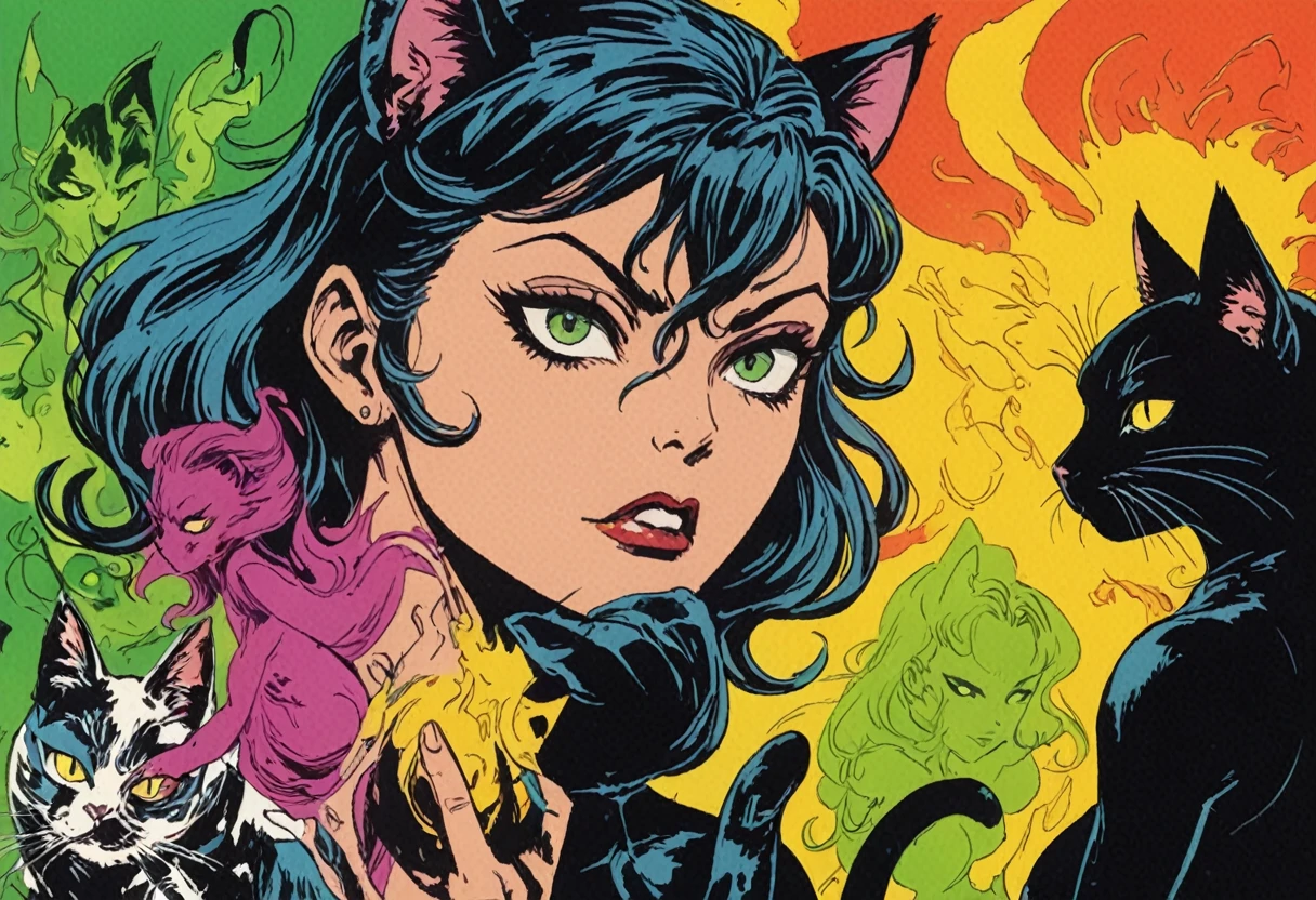 comic 1960's, Catwoman, Catgirl (soon to be Catwoman) with cat, girl with ethereal spirit cat, cinematic poster, image within image, multiple exposure, massive scale, rich color grading for shading depth, hand drawn rotoscope cartoon realism, chiaroscuro lighting, mixed media, vintage comic, retro original design, 1990's comic, sense of movement energy) (Joelle Jones Catwoman style reference), (full roygbiv color) ink charcoal expressive illustration, gritty noir aesthetics