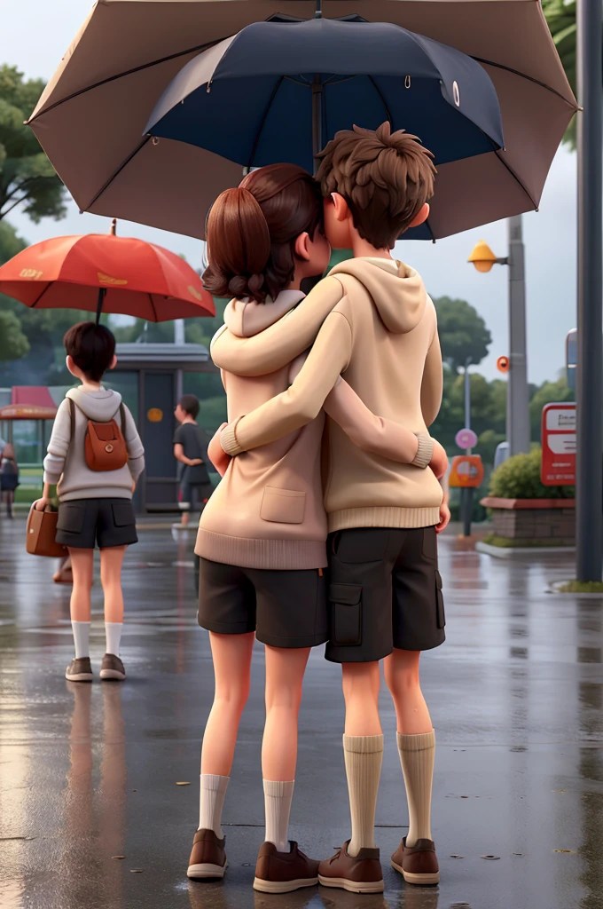 two couples hugging each other under the umbrella from afar while the girl is wearing a khaki cardigan and black shorts while the guy has a brown hoodie and white shorts infront of McDonald's while there's a heavy rain only their back can see