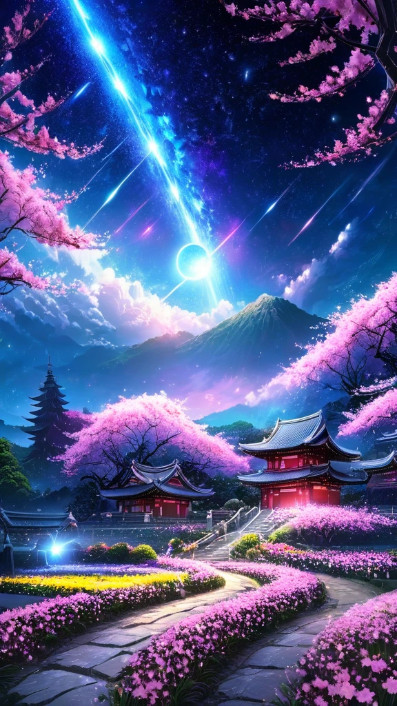 masterpiece, concept art, panorama, in the center, figure, wide shot, flower garden, night, (Meteors), Space galaxy background, (magnificent composition, epic proportions), dynamic lighting, Bright colors, cherry blossoms,