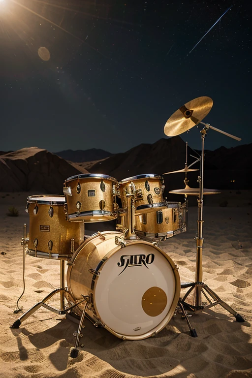 Acoustic Drum Musical Instrument, Located upon the golden sand of a desert under a starlit night sky, where the sand appears as powdered gold, contrasting against the dark expanse above. The cielo estrellado forms a stunning backdrop to the dorado de la arena. This highly detailed, photorealistic image brings the drum set to life in the first plane, with the cymbals and the bass drum also gleaming in gold. The scene, bathed in the soft natural lighting of the desert, captures the essence of a classic, timeless, and award-winning masterpiece. The drum set, with its intricate details, stands out against the vast desert,