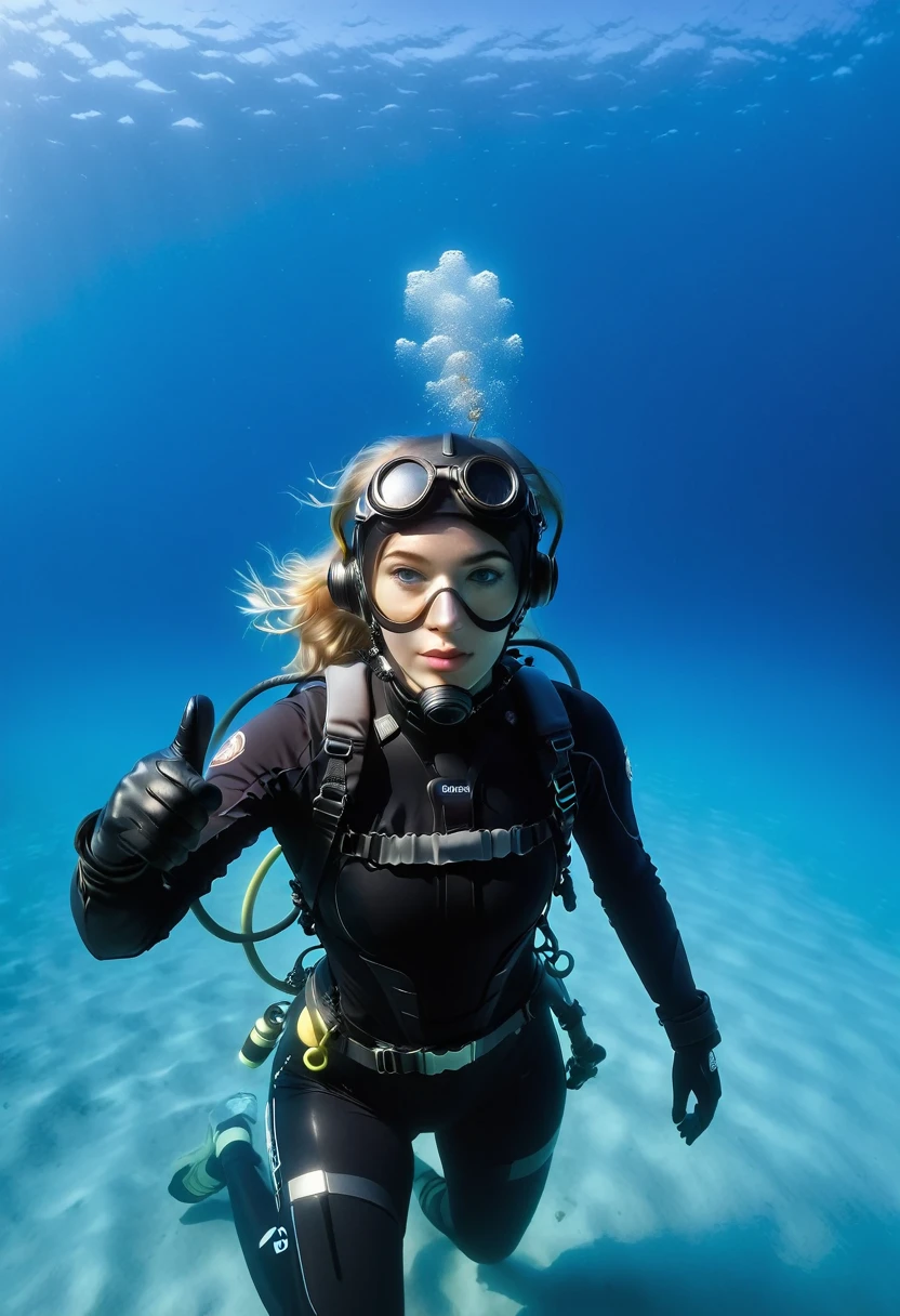 ((full body shot))During the diving course，There is a lady wearing a diving suit and goggles,Wear a diving helmet, Instagram, A diver on the seabed, A diver on the seabed, old scuba, GoPro shooting, Abandoned diving mask, Underwater perspective, 3 6 0 capture, amanda clarke, Underwater shooting,
