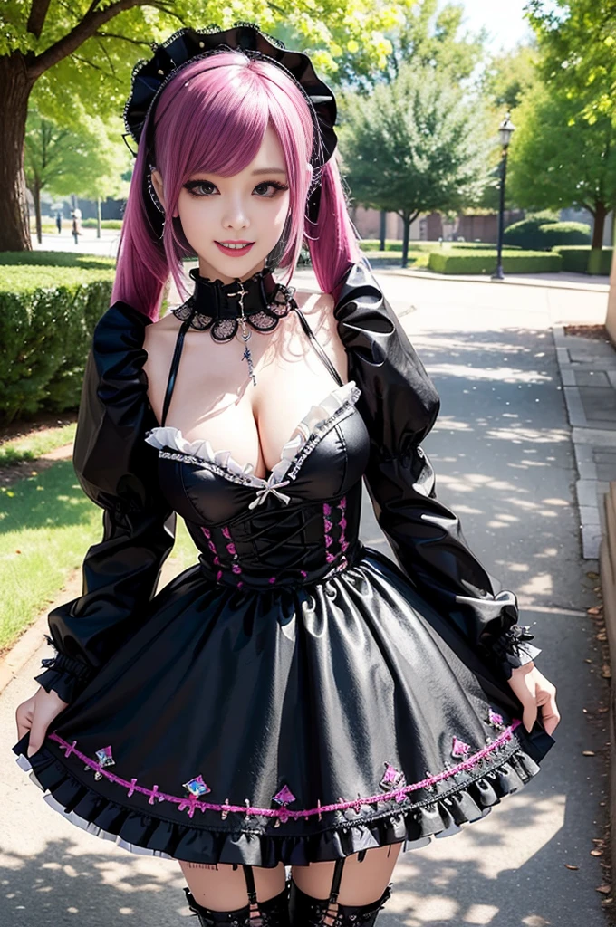 sexy stylish female model, only 1 female, ((doll-like appearance)), long dramatic stylish hair, ((shiny Punk-Style boots)), (big smile), ultra detailed eyes, lipgloss, ((sexy Punk ta cosplay)), unconventional skirt, petticoats, high neckline, ((ultra detailed lace)), ((ultra detailed embroidery)), intricate details, tartan patterns, safety pins, Punk Loliccessoires, Punk Lolita cr, ((large sparkling Punk Lolita jewel, cinematic light, detailed large park background with trees
