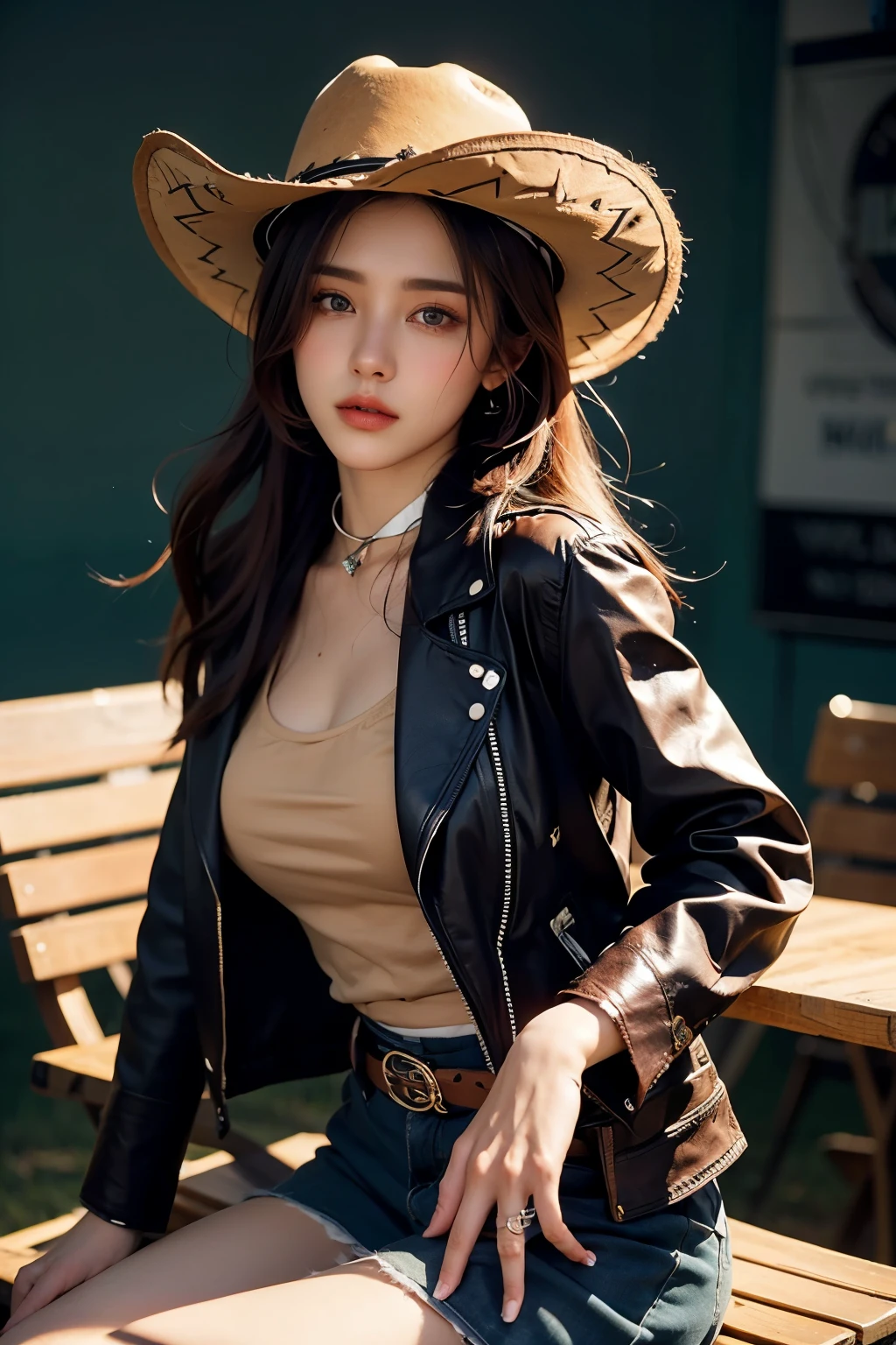 4K HLTRA HD, Masterpiece, best quality, female, nice face, detailed eyes, detailed lips, long hair, straight hair, wearing a cowboy costume, green leather jacket, green clothes, cowboy hat, blurred background, morning, seat, full body capture,