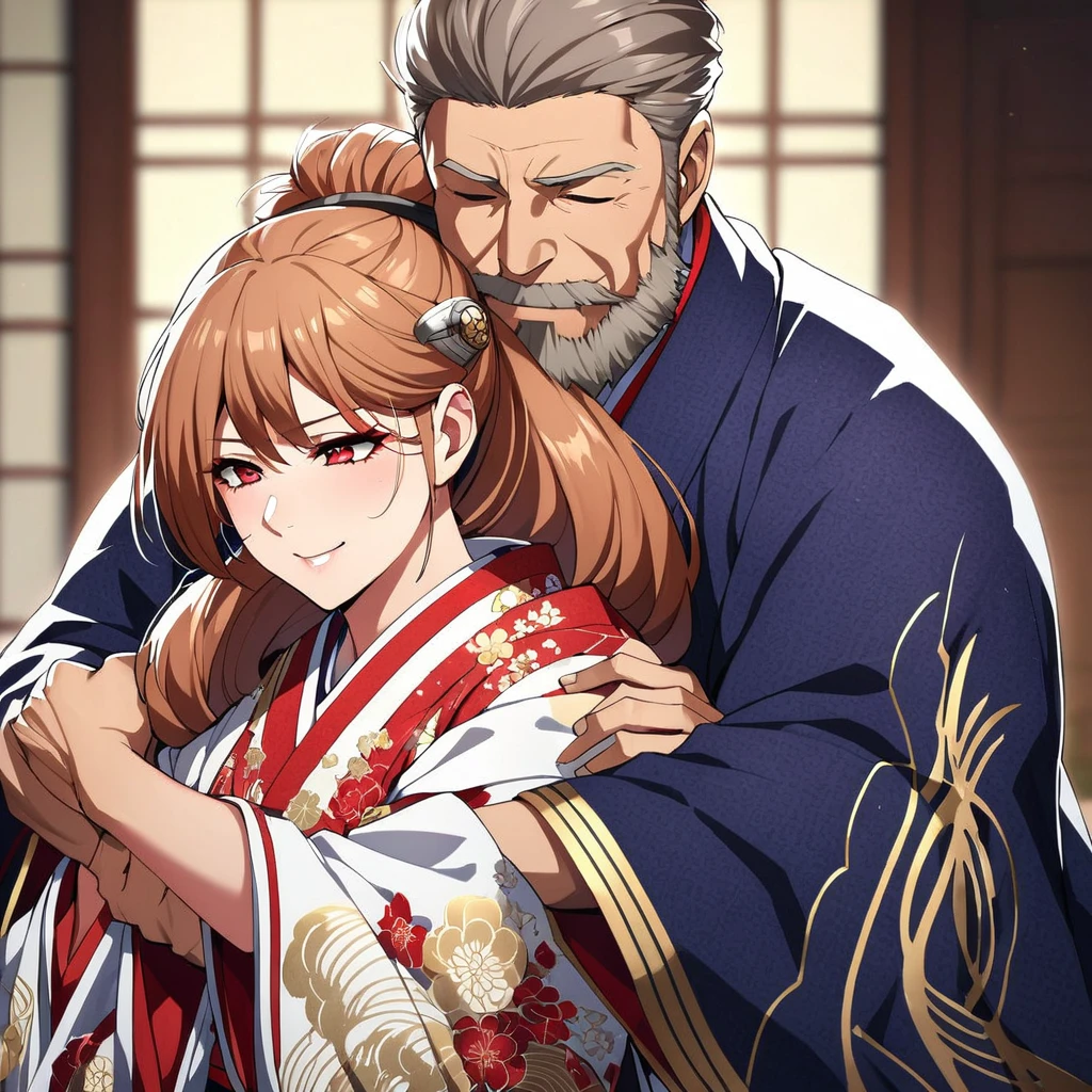 ((highest quality)), ((masterpiece)), (detailed), （Perfect Face）、（The woman is Princess Leona, with long light brown hair and a happy smile, and is embracing the strong and dignified Oda Nobunaga in a luxurious samurai mansion.、The woman is a consort to Oda Nobunaga, and is wearing a gorgeous embroidered uchikake kimono with bright, vivid colors and patterns, as befits a consort, and has gorgeous accessories from the Edo period, such as a gorgeous hairpin and a bunkin takashimada hairstyle.）、The man is a strong, dignified, middle-aged man with a beard and a topknot, Oda Nobunaga, who is embracing and fondling the woman.