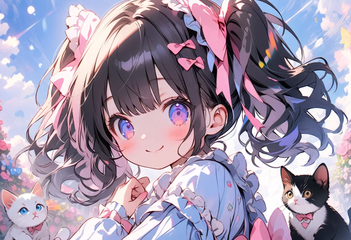 female\(small kid,cute,kawaii,age of 10,2pigtails hair,curly hair,hair color cosmic,big eyes,eye color cosmic,cute dress,[cat ear:2.0],smile,dynamic pose\), BREAK ,background\(inside,messy room,cute room,many kitten\), BREAK ,quality\(8k,wallpaper of extremely detailed CG unit, ​masterpiece,hight resolution,top-quality,top-quality real texture skin,hyper realisitic,increase the resolution,RAW photos,best qualtiy,highly detailed,the wallpaper,cinematic lighting,ray trace,golden ratio\),(close up kitten:1.6),from below