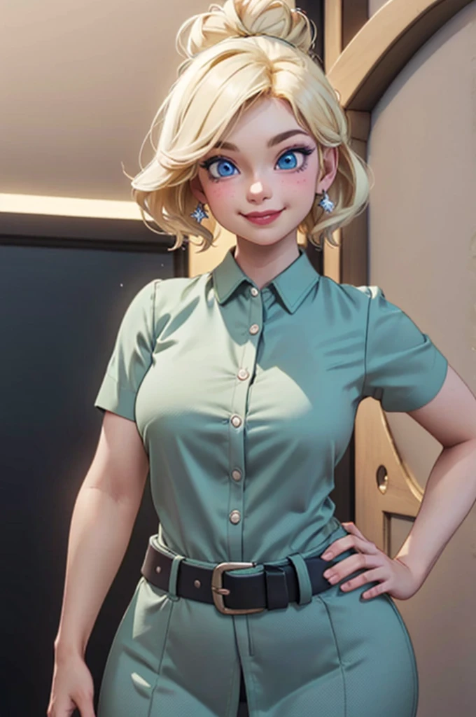 wide shot, ((best quality)), ((highly detailed)), masterpiece, (detailed eyes, deep eyes), (1girl), dynamic angle, cowboy shot, tinkerbell, woman, smile, ((short blonde hair)bun ), ((blue eyes)),firm breasts, realistic proportions, curvy body, lipstick, curvy hips, subtly visible breasts, day lighting, ((petite body)),l4p3ldr3ss, short sleeves, belt, buttons, green dress,