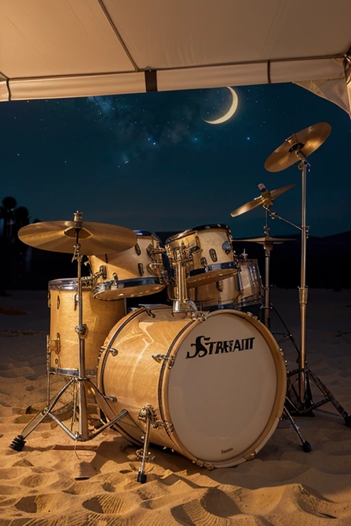Acoustic Drum Musical Instrument, positioned on the gold-dusted sand of a desert night, where stardust-strewn skies contrast with the golden hue of the sand. A realistically captured image in high-definition, with the drum and cymbals, as well as the bass drum, also gleaming golden, highlighting the instrument in the first plan as the focus of the photograph. The soft, natural light of the desert's ambiance creates a cinematic atmosphere, with the backdrop of a starry sky adding an ethereal touch to the vintage appearance of the acoustic drum set in the middle of the golden desert. The image, captured in ultra-resolution, creates