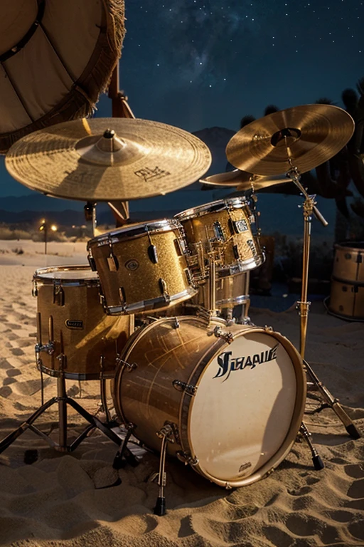 Acoustic Drum Musical Instrument, positioned on the gold-dusted sand of a desert night, where stardust-strewn skies contrast with the golden hue of the sand. A realistically captured image in high-definition, with the drum and cymbals, as well as the bass drum, also gleaming golden, highlighting the instrument in the first plan as the focus of the photograph. The soft, natural light of the desert's ambiance creates a cinematic atmosphere, with the backdrop of a starry sky adding an ethereal touch to the vintage appearance of the acoustic drum set in the middle of the golden desert. The image, captured in ultra-resolution, creates