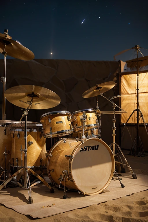 Acoustic Drum Musical Instrument, positioned on the gold-dusted sand of a desert night, where stardust-strewn skies contrast with the golden hue of the sand. A realistically captured image in high-definition, with the drum and cymbals, as well as the bass drum, also gleaming golden, highlighting the instrument in the first plan as the focus of the photograph. The soft, natural light of the desert's ambiance creates a cinematic atmosphere, with the backdrop of a starry sky adding an ethereal touch to the vintage appearance of the acoustic drum set in the middle of the golden desert. The image, captured in ultra-resolution, creates