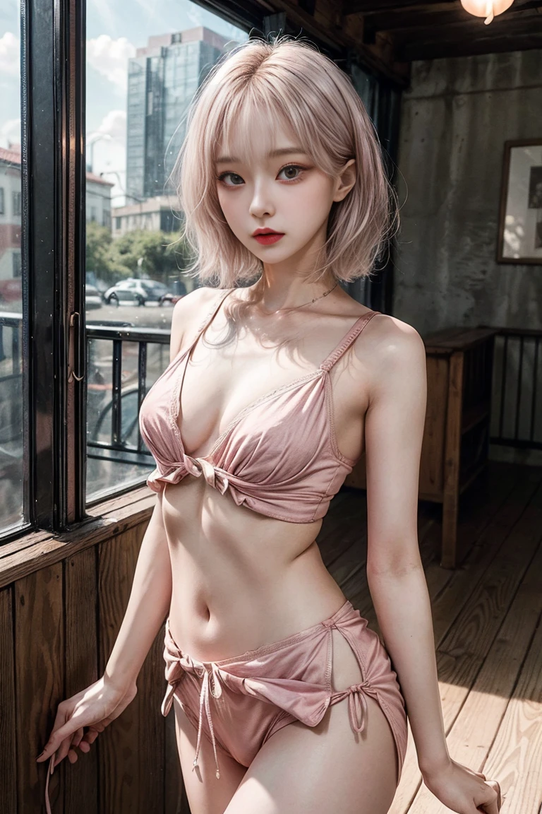 Top image quality、Raw photography、超A high resolution、Cute girl at 19 years old、Shooting for one person only、big round chest、Black tank top、Beautiful Eyes of Details、very elongated eyes、Beautiful eyelashes、Beautiful double eyelids、white walls、Beautiful waist、Beautiful legs、a short bob、slender physique,very tiny ,Small breasts,Are thin,Flat Chest,Small Bust,Small hip,not nsfw,A piece of light pink cotton fabric,No makeup,No lip,No eyeliner,Beautiful looks,Beautiful face,Pink Silver Hair,Short Bob Hair,Makeup-free prostitute,flattery,Slightly tanned skin tone,Hot summer sunlight,Healthy images,Safe images,Bra like a string,Owner of a beautiful voice,A beautiful girl with high physical abilities who can perform intense dance moves.,Innocent look,pure,active character,Cheerful personality,Free-spirited personality,Wearing the latest modern fashionable glasses,Glasses,