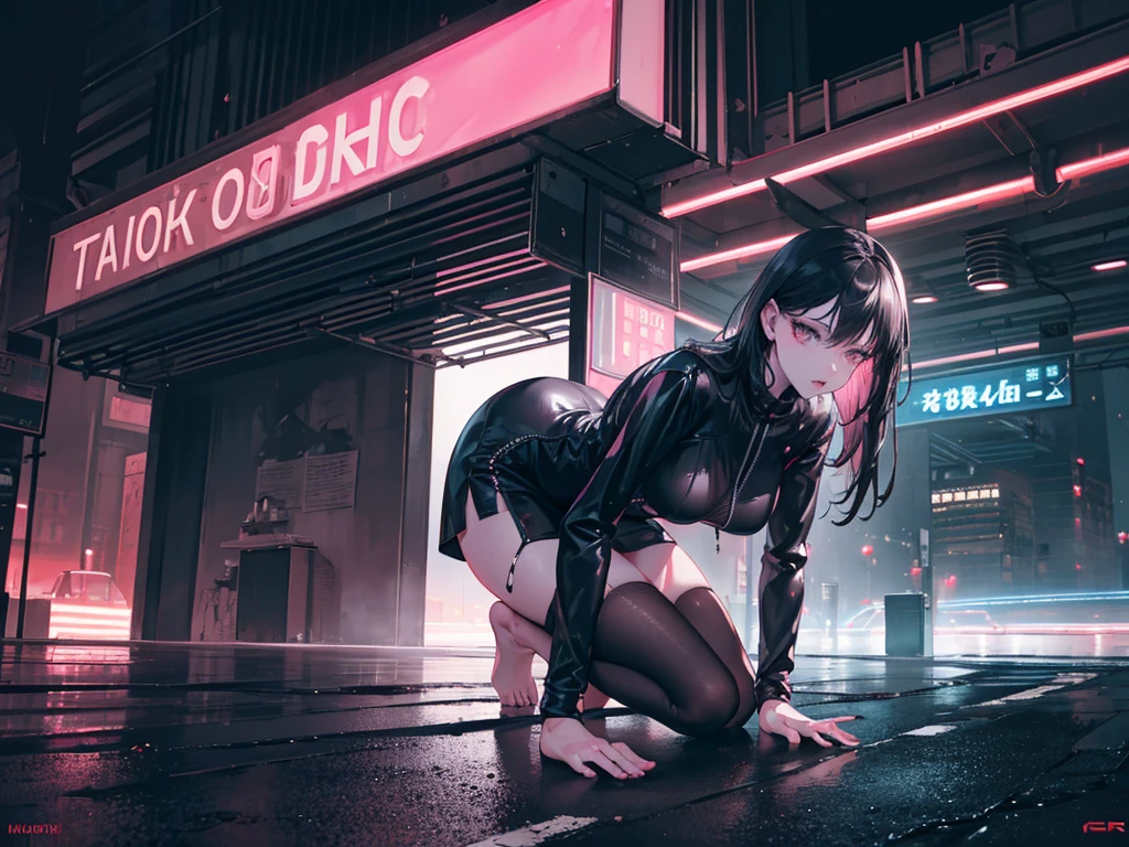 a mature woman with tall, slim figure, long legs, pink and black hair, provocative and sexy expression, wearing only black underwear, on the ground in the middle of a city street at night, barefoot, full body shot, having an intense orgasm, (best quality,4k,8k,highres,masterpiece:1.2),ultra-detailed,(realistic,photorealistic,photo-realistic:1.37),highly detailed facial features,detailed skin texture,dramatic lighting,cinematic composition,moody atmosphere,neon city lights,wet asphalt road,dark shadows